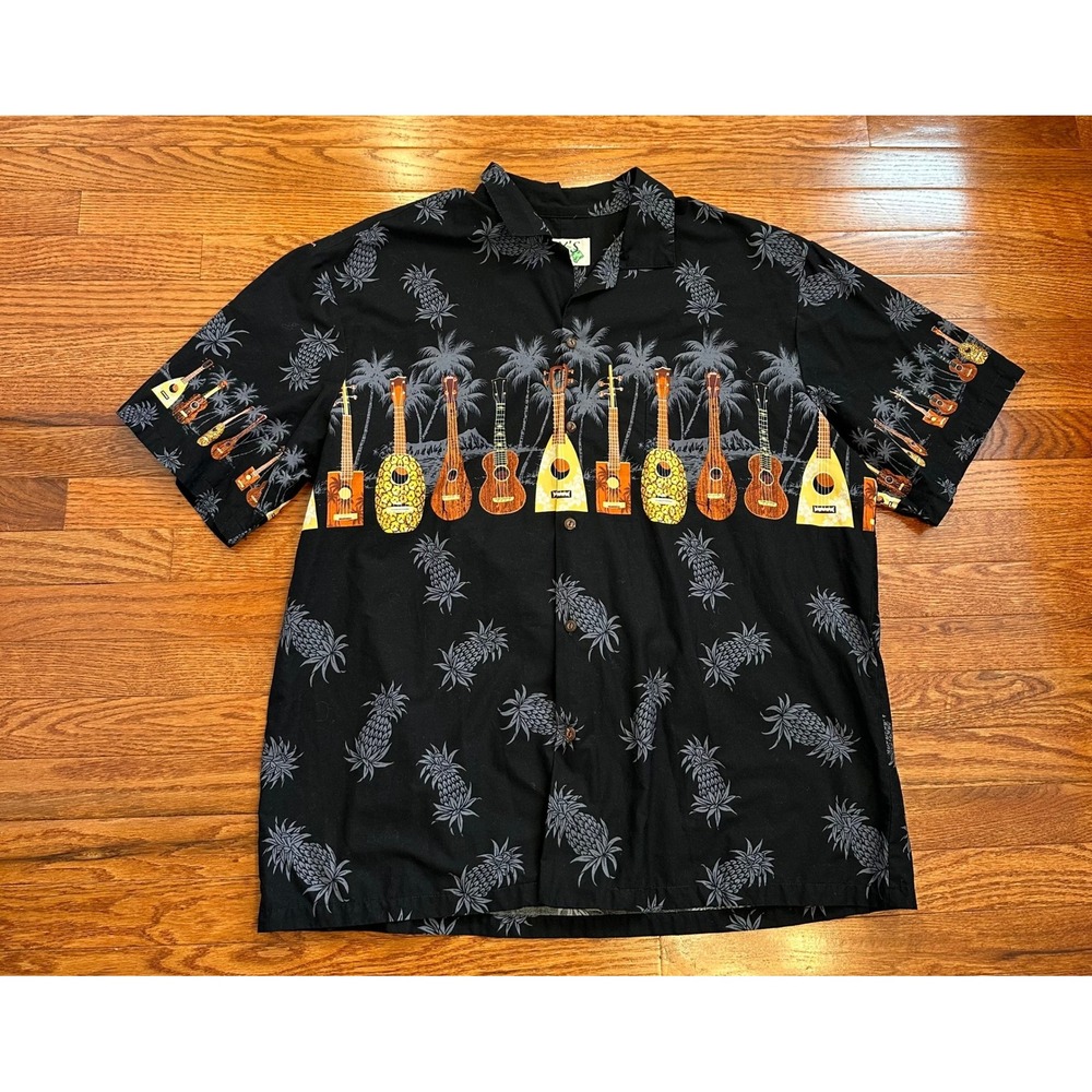 Vintage KY'S Hawaiian Shirt Mens 2XL Ukulele Guitar Print Black Aloha Tiki USA